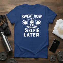 Sweat Now No Quit Selfie Later gym t-shirt featuring a Spartan helmet, kettlebells, and motivational text