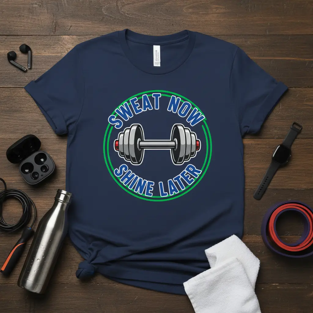 Sweat Now Shine Later quote with dumbbell illustration on navy blue fitness tee