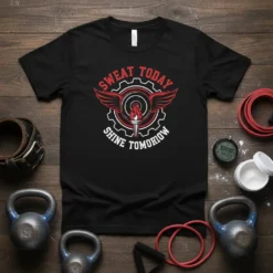 Black t-shirt with red and white "Sweat Today Shine Tomorrow" text and a winged torch graphic, fitness motivation design
