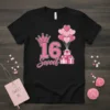 Sweet 16 birthday girl t-shirt with pink glitter crown, heart balloons, and gift boxes