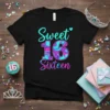 Sweet 16 Sixteen text in teal and pink marble pattern on a black t-shirt, perfect for a birthday girl