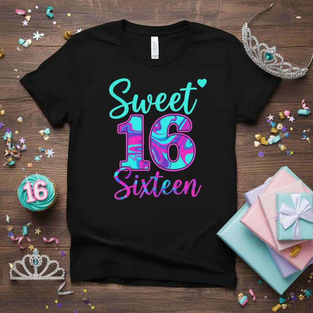 Sweet 16 Sixteen birthday graphic tee with vibrant teal and pink marbled text for a celebration