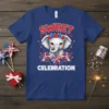 Sweet Celebration t-shirt with a cute elephant wearing a flower crown and surrounded by fireworks, featuring patriotic red, white, and