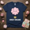 Navy t-shirt with "SWEET DREAMS" text and a cute pink cloud graphic, resembling a hot air balloon