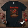 Sweet Heat Chili Chocolate Fusion t-shirt design featuring red chili peppers in swirling chocolate with cocoa beans and text