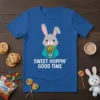 Blue t-shirt with "SWEET HOPPIN' GOOD TIME" text and a cartoon bunny holding a lollipop