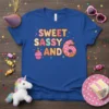 Sweet Sassy And 6 birthday t-shirt with donut and cupcake graphics for a 6-year-old girl