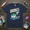 SWIGGITY SWAGGITY LET'S BLOW UP GRAVITY! text with rocket and Earth graphic on a navy blue t-shirt