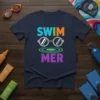 SWIMMER text with sunglasses graphic on navy blue t-shirt, designed for swimmers and water lovers