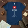 Swiss Alps Mountains T-Shirt with Swiss flag and mountain graphic, featuring the word "swiss" multiple times