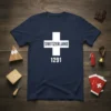 Navy t-shirt with white Swiss cross and text "SWITZERLAND 1291" centered on the chest