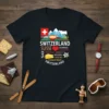 Switzerland travel collage t-shirt design with text: Switzerland, Suisse, fondue, rosti, ski, chocolate, cheese, and Swiss flag