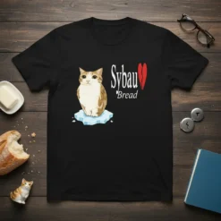 Sybau'Bread t-shirt design with a cute cat sitting on ice, featuring text "Sybau'Bread" and a broken heart graphic