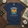 Sydney Australian t-shirt design with Harbor Bridge graphic and historical text details, navy blue shirt