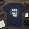 Navy blue t-shirt with white SYN ACK FIN text in a circular gear design, representing networking protocols