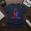 Sync | Flow T-Shirt with abstract red and purple hands and geometric shapes graphic
