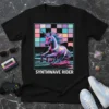 Black t-shirt featuring a neon unicorn galloping in a synthwave landscape with the text SYNTHWAVE RIDER below