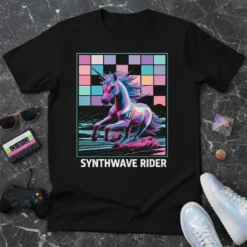 Black t-shirt featuring a neon unicorn galloping in a synthwave landscape with the text SYNTHWAVE RIDER below