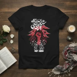 زن زندگی آزادی T-Shirt with a raised fist, birds flying from cages, and Persian calligraphy, symbolizing freedom and protest