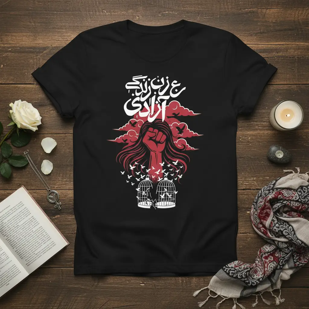 زن زندگی آزادی text with raised fist and birds escaping cages on a black t-shirt, symbolizing protest and freedom