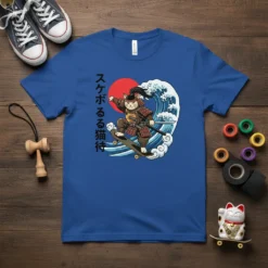 スケボーる猫侍 t-shirt design featuring a samurai cat skateboarding with a Japanese wave and red sun