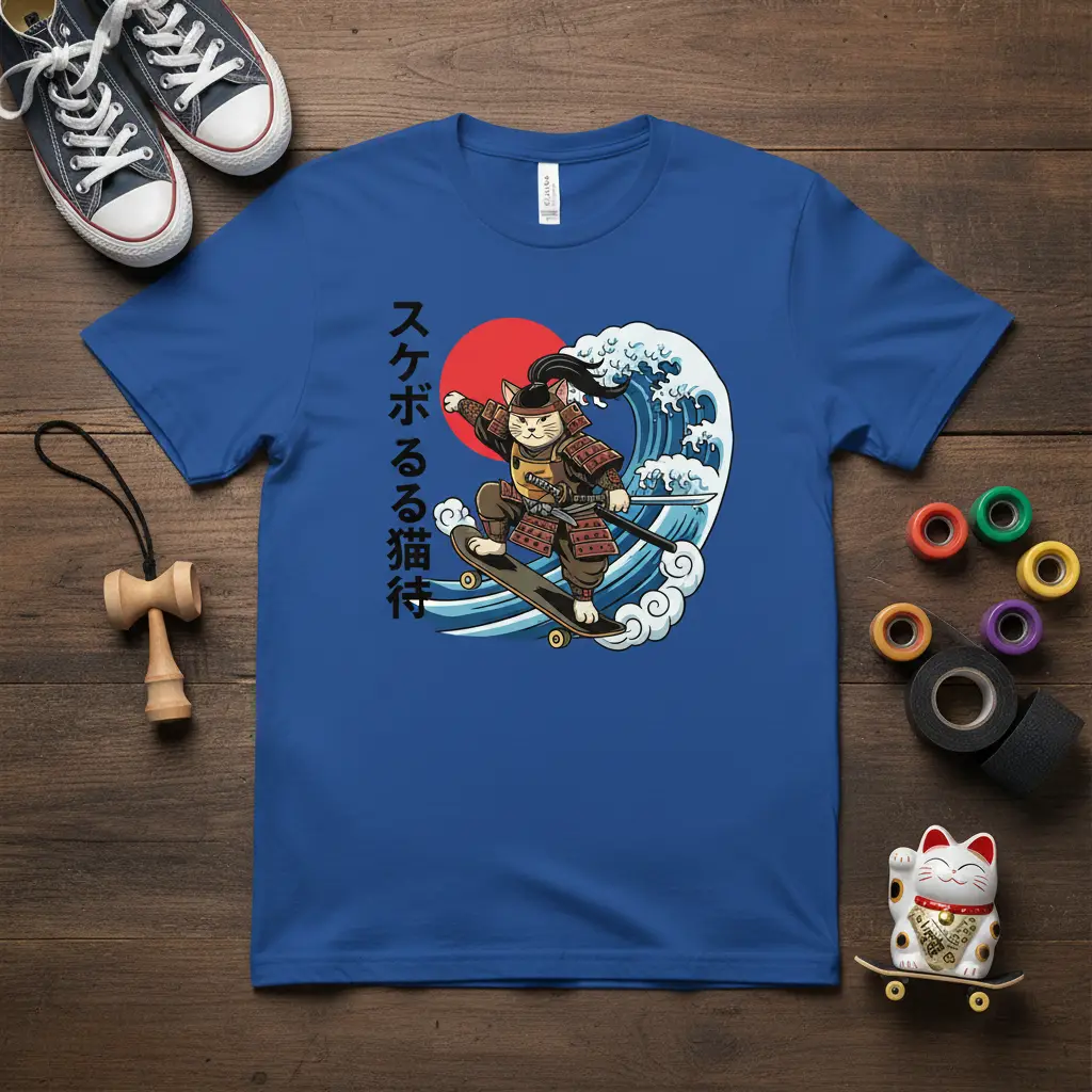 スケボーる猫侍 graphic tee with a samurai cat on a skateboard and a Japanese wave design