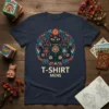 T-Shirt Mens featuring a circular Day of the Dead inspired cat graphic in vibrant colors on a navy blue tee