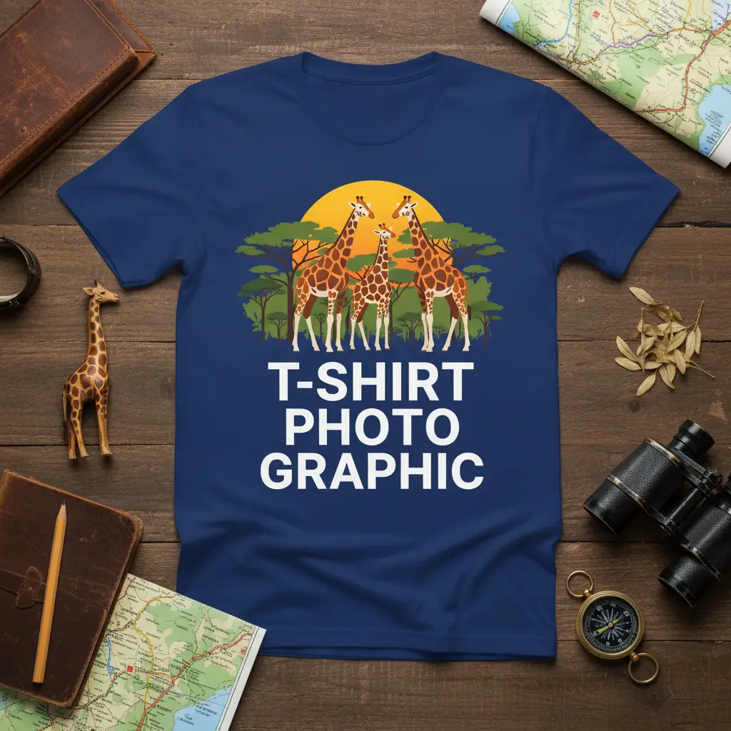 T-Shirt Photo Graphic design featuring giraffes in a safari landscape with sunset and text