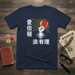 Navy blue t-shirt with white Chinese text "爱位程 浪有理" and a graphic of a fist holding a red book with