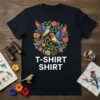 Black t-shirt with T-SHIRT SHIRT text and a colorful parrot and floral circular design