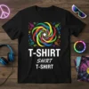Black t-shirt with a colorful spiral design and the text "T-SHIRT SHIRT T-SHIRT" in white, surrounded by music notes