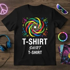 Black t-shirt with a colorful spiral design and the text "T-SHIRT SHIRT T-SHIRT" in white, surrounded by music notes