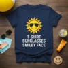 T-Shirt Sunglasses Smiley Face graphic tee with a sun wearing sunglasses, navy blue shirt
