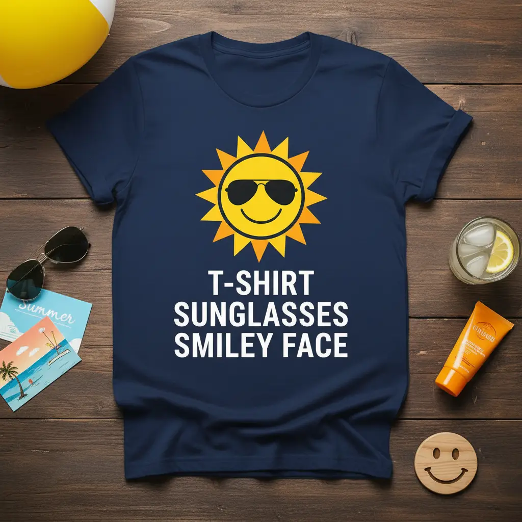 T-Shirt Sunglasses Smiley Face graphic design on a navy tee, featuring a sun with sunglasses