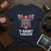 T-Shirt Tagless design with a red and silver Viking helmet, crossed battle axes with Norwegian flags, and Norse symbol