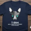 Sphynx cat head graphic with text "T-Shirt with a COMPLETELY DIFFERENT visual execution" on a navy blue t-shirt