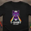 Black t-shirt featuring a purple cat with rainbow laser eyes, a crown, and a diamond, with text "T-SHIRT THE SHIRT"