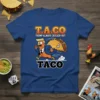 T.A.C.O Trump Always Chicken Out Taco T-Shirt design featuring a cartoon chicken running from a taco