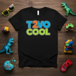 T2VO COOL text design on a black t-shirt, perfect for a two-year-old's birthday celebration