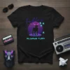 Black t-shirt with "Tables ALWAYS TURN" text and a horned black cat graphic in retro synthwave style, featuring purple and