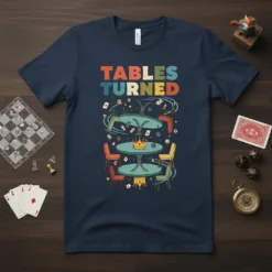 T-shirt with "TABLES TURNED" text and cartoon graphic of overturned tables, chairs, cards, and dice