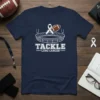 Tackle Lung Cancer t-shirt design featuring a football stadium, football, and a white awareness ribbon