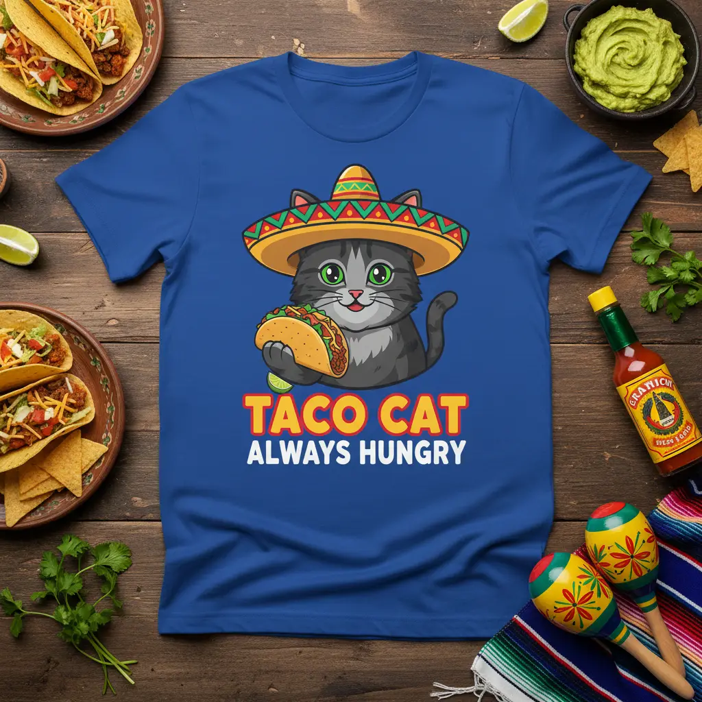 Taco Cat Always Hungry graphic featuring a cat in a sombrero holding a taco, perfect for cat lovers