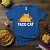 Taco Cat T-Shirt featuring a cute cartoon cat peeking out of a taco, with "TACO CAT" text below
