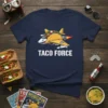 Taco Force T-Shirt design featuring a taco airplane with shark teeth and flames, printed on a navy blue shirt