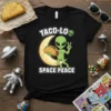 Taco Lo Space Peace T-Shirt with alien holding a taco and making a peace sign against a moon backdrop