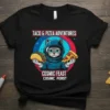 Taco & Pizza Adventures Cosmic Feast t-shirt design with an astronaut cat holding a taco and pizza slice