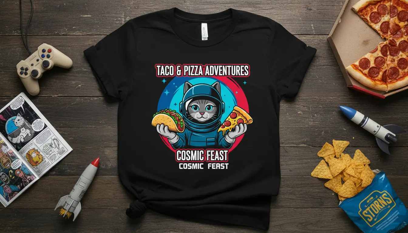 Astronaut cat holding taco and pizza on Taco & Pizza Adventures Cosmic Feast t-shirt