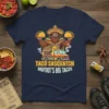 Taco Sasquatch Bigfoot's Big Tacos design on a navy blue t-shirt featuring Bigfoot in a sombrero and poncho holding tacos