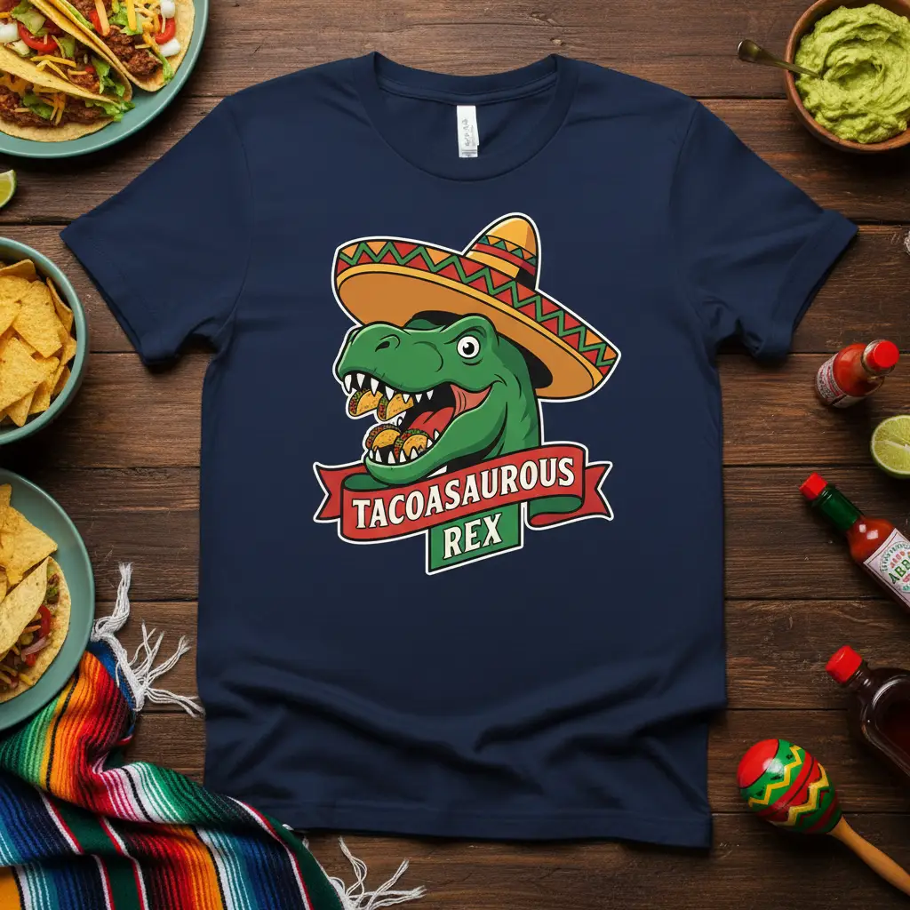 Tacoasaurous Rex design featuring a dinosaur in a sombrero eating tacos on a t-shirt